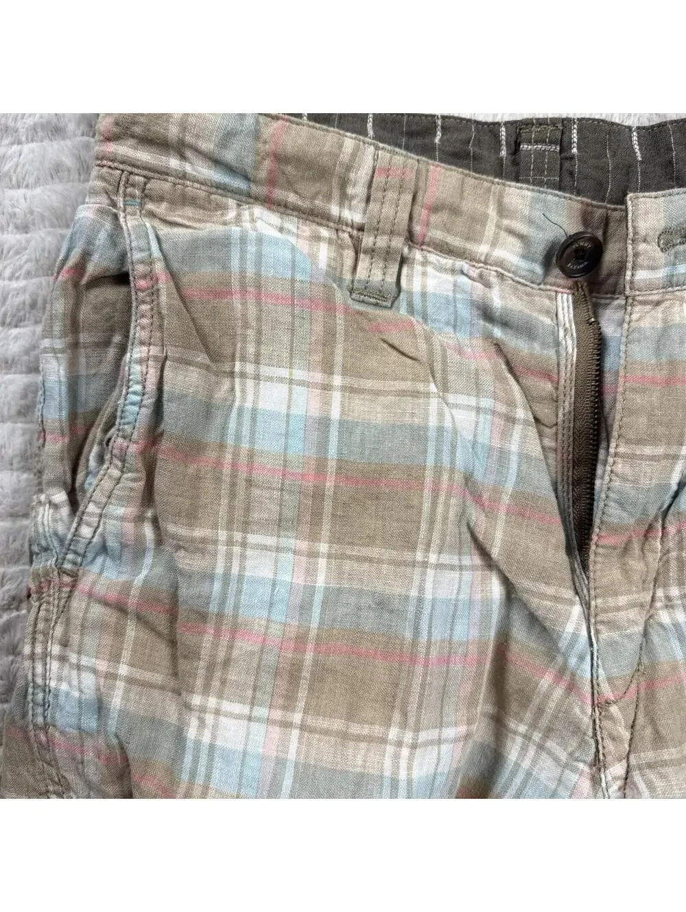 Tommy Bahama Shorts Mens‎ 32x9” Beige Plaid Reversible Green 100% Linen Summer